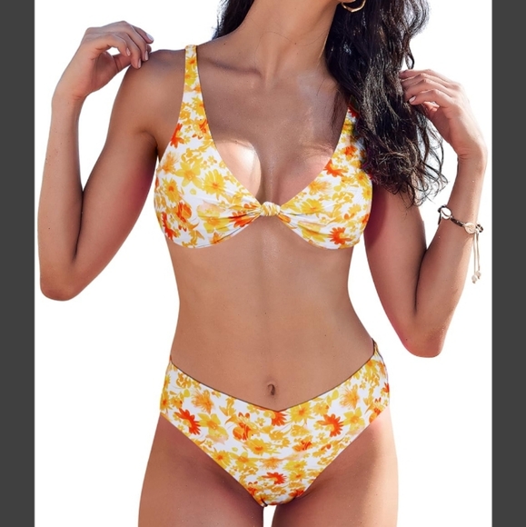Orange Floral Cheeky Bikini Swimsuit - Picture 1 of 8